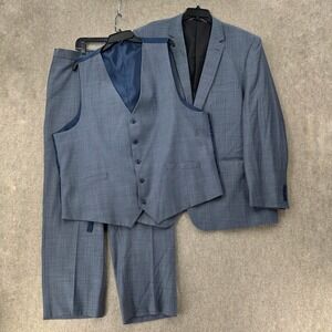 Linea Uomo Mens 3 Piece Suit Blue‎ Windowpane Blazer 50L Pants 45X28 Vest 50L